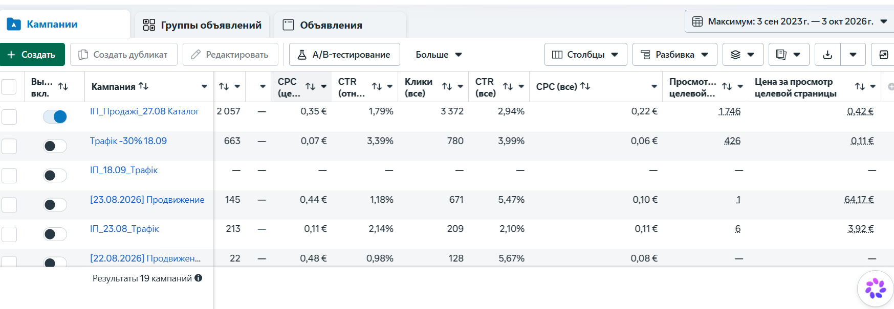 Скрін рекламного кабінету