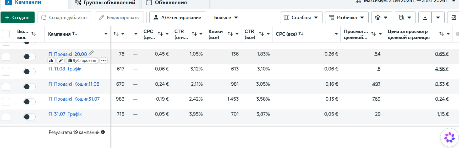 Скрін рекламного кабінету
