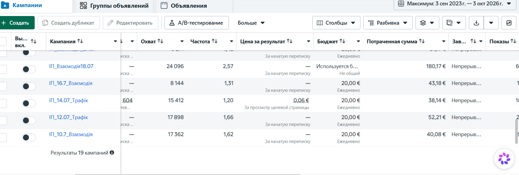 Скрін рекламного кабінету